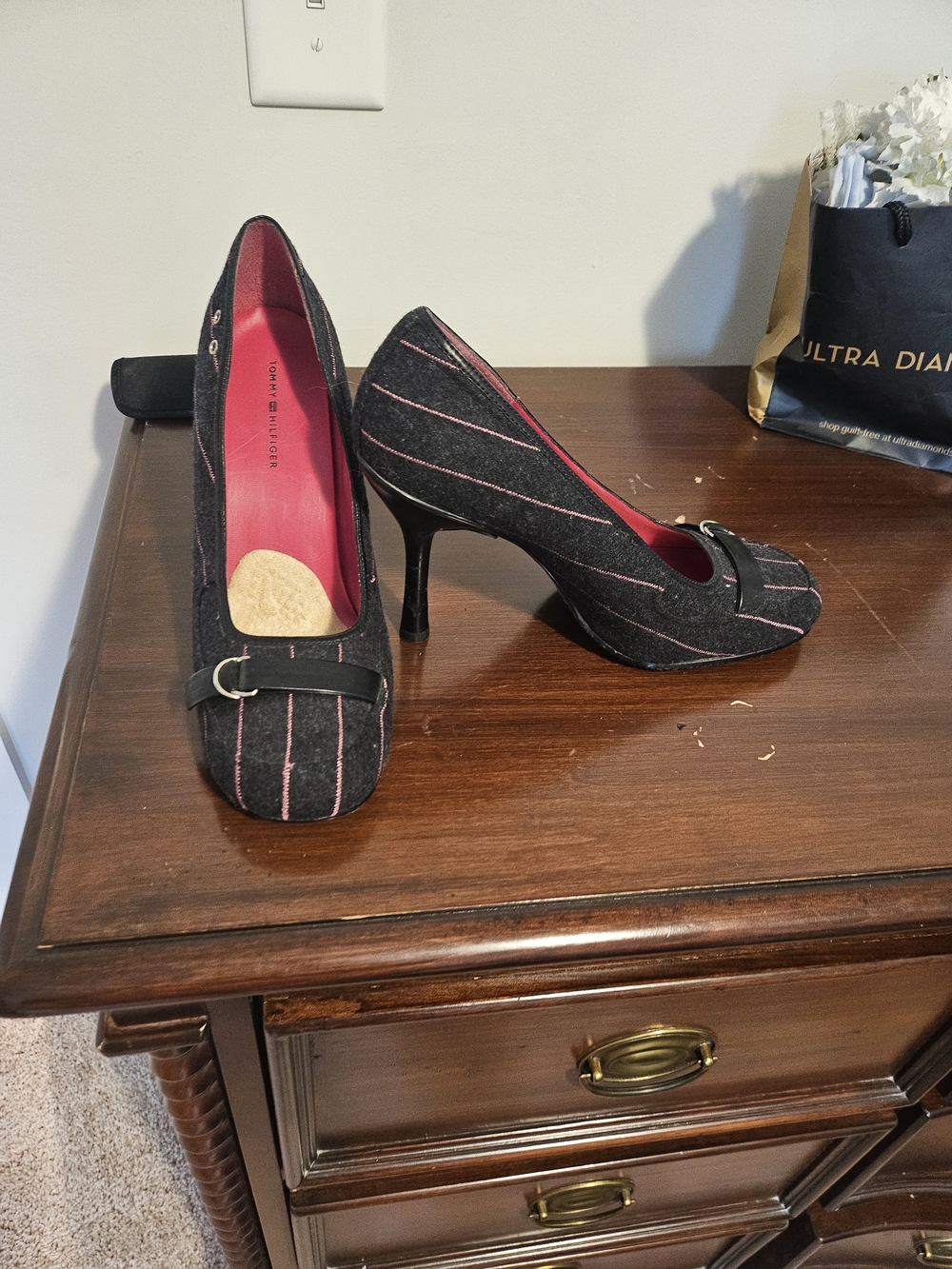 Tommy Hilfiger Black Heels with Pink Pinstripes